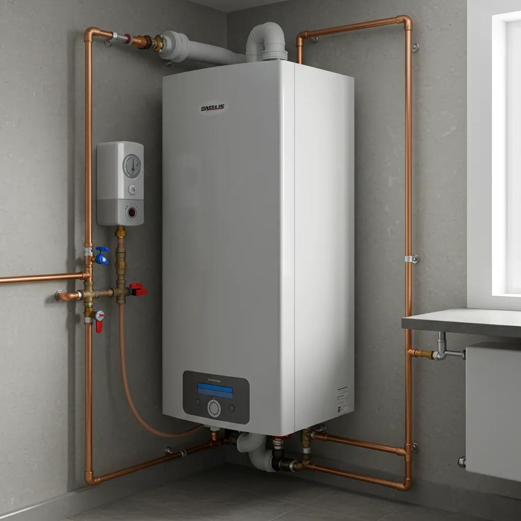Sleek, modern tankless water heater installed in a tidy utility space, showcasing its compact design and energy-saving benefits for Tulsa residences